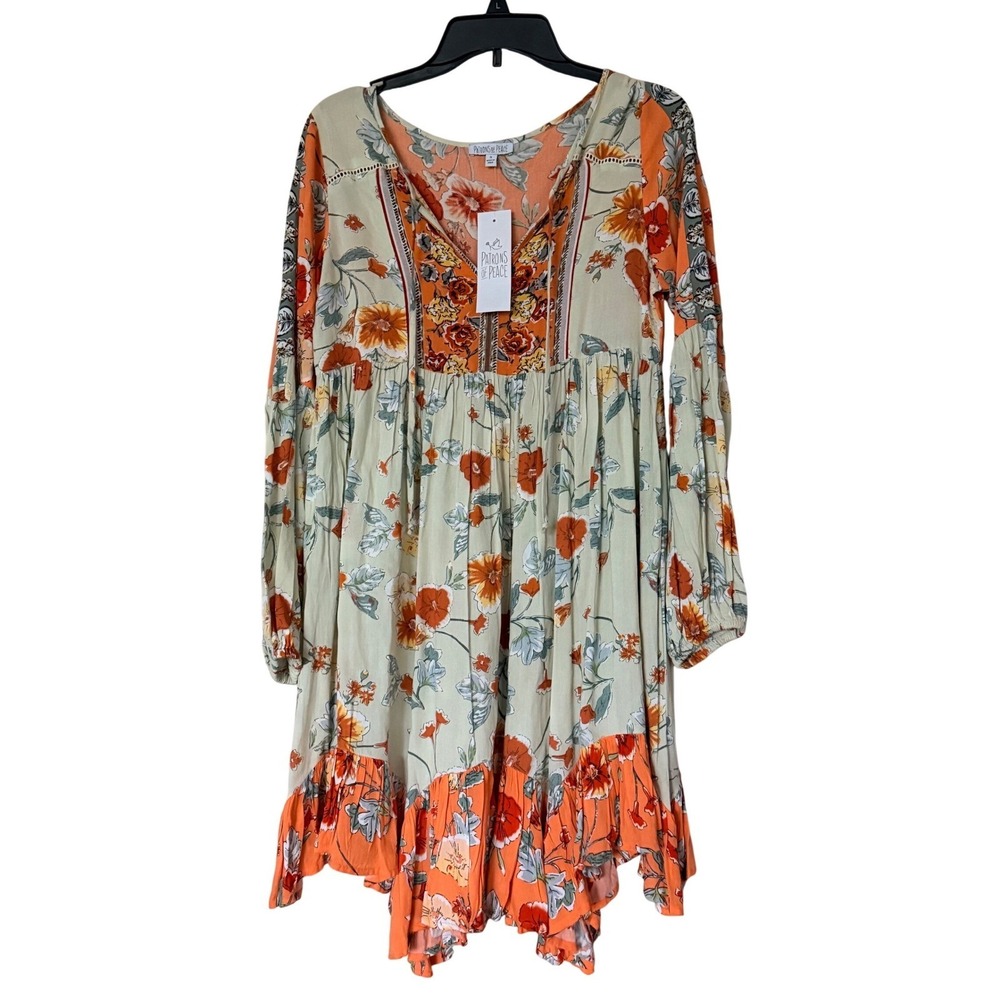 NWT Patrons of Peace SZ S Floral Boho Mini Dress Country Festival Long Sleeve - Picture 4 of 9